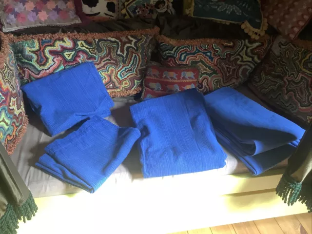 2 Pairs Curtains Retro Mid Century Danish Denim Blue Colour Wool Woven Fabric