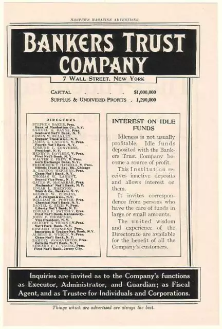 1908 Bankers Trust Co Directors Interest Idle Funds Ad