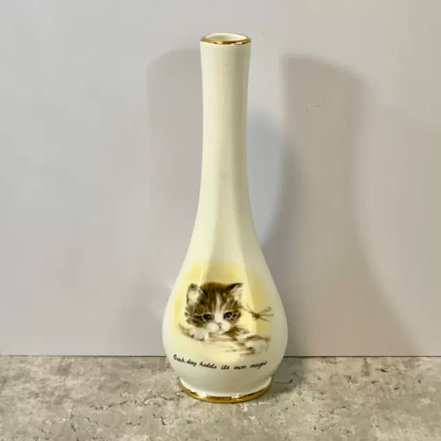 Vintage Bud Vase Pottery Crown Devon S Fielding Kitten Cat Quote Kitsch 7" 1960s 2