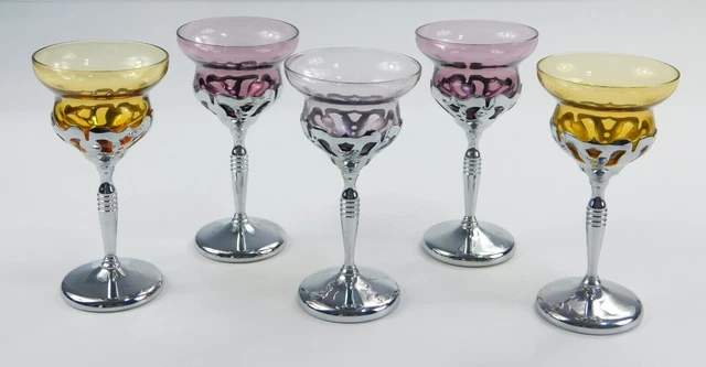 Art Deco Cambridge Glass Farber Bros Krome Kraft Cocktail Glasses Purple Yellow