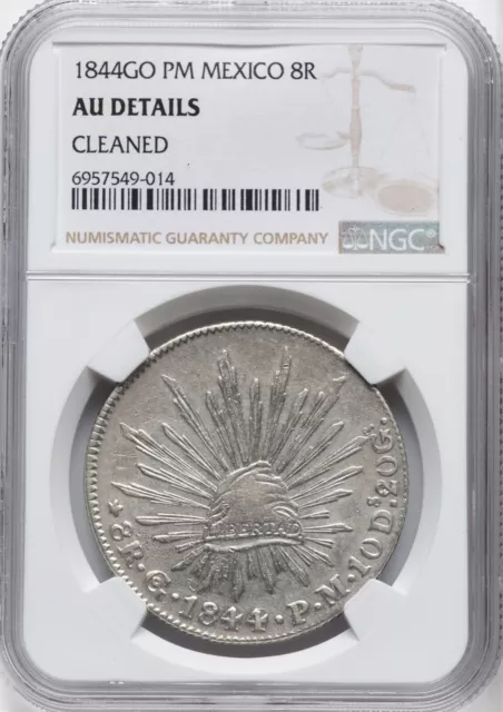 MEXICO GUANAJUATO MINT  1844-GoPM  8 REALES SILVER COIN NGC CERTIFIED AU DETAILS
