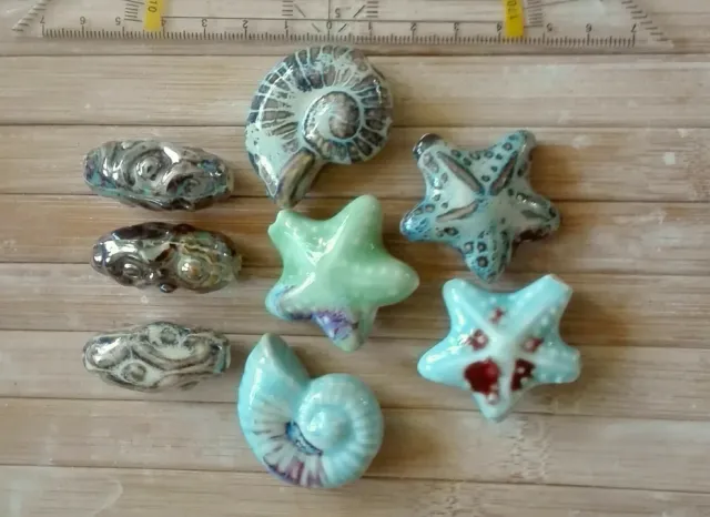 8 Porzellan Keramik Perlen DIY Hellblau braun grün Seestern Farbmix Meer 35 mm