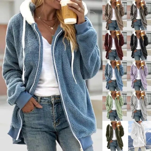 Ladies Hooded Teddy Bear Fluffy Zip Up Coat Fleece Jacket Outwear Tops Plus Size
