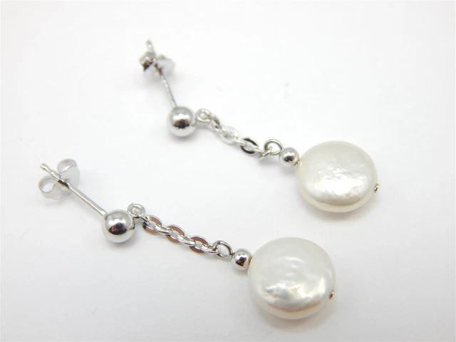 Sterling Silver 925 White Coin Pearl Dangle Post Earrings