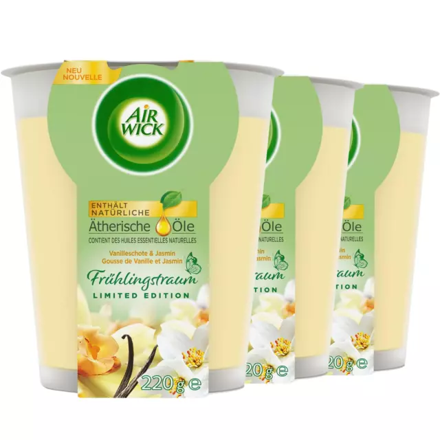 3x Air Wick Frühlingstraum Vanilleschote & Jasmin Duftkerze im Glas jeweils 220g