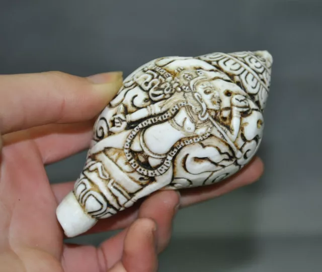 3.8" Tibetan old temple shell carved Tara Guanyin Buddha statue Conch Horn Shell