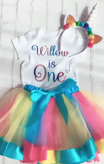 Personalised Girls 1st First Birthday Tutu Skirt Unicorn Outfit Rainbow One Set