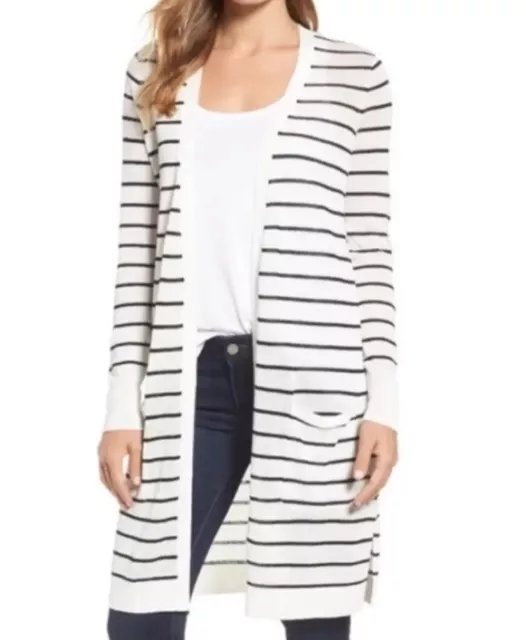 Halogen Long Sleeve Linen Blend Black And White Stripe Open Longline Cardigan M