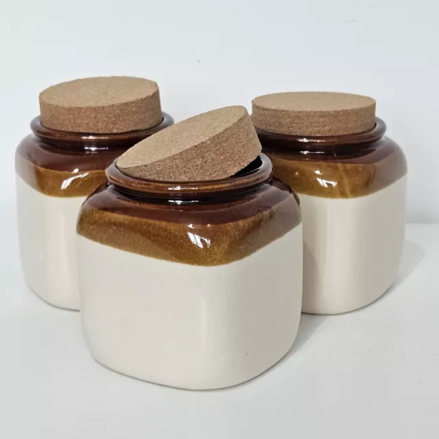 Vintage Stoneware Glazed Jars with Cork Lids Mid Century Set of 3 Brown