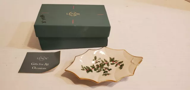 Lenox China Holiday Small Leaf Dish Hand Decorated w. 24kt Gold Rim