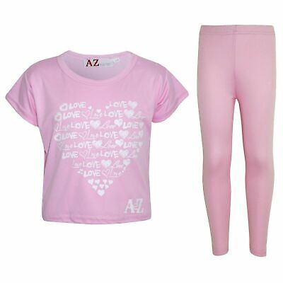 Kids Girls Love Print Stylish Baby Pink Crop Top & Fashion Legging Set 5-13 Year