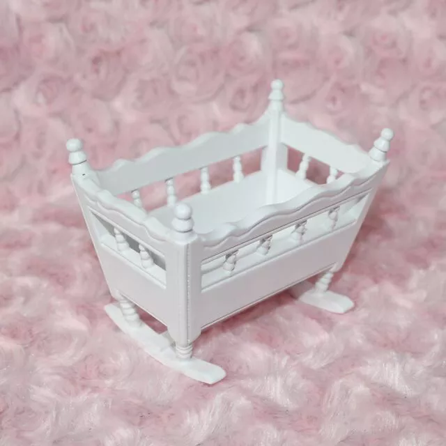 1/12 Doll House Miniature Bedroom Accs White Wooden Nursery  Baby Crib Cradle