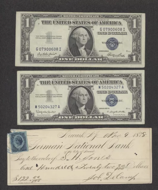 1935E & 1957B $1 Silver Certificates plus a 1878 Cancelled Check - Ships Free