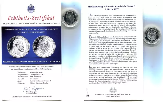Silbermedaille "Mecklenburg-Schwerin - 2 Mark 1876" in Kapsel mit Zertifikat