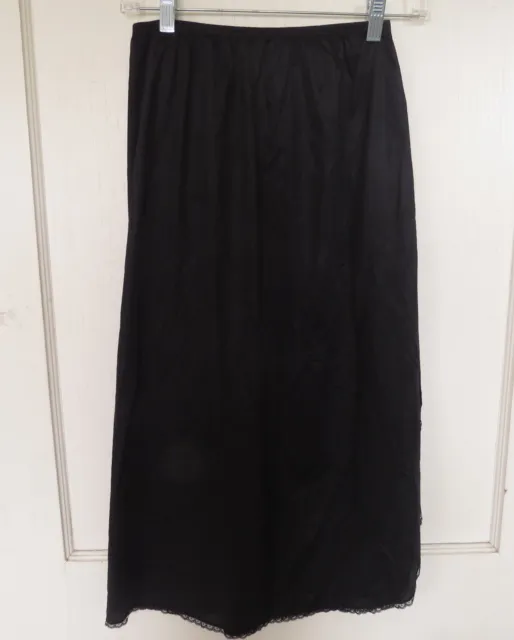 Vintage Vanity Fair Black Half Slip Nylon HI 16" Side Slit Lace Trim Waist 26"