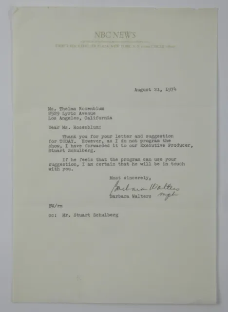 Barbara Walters Typed Letter SECRETARIAL Signed Autographed NBC News Letterhead