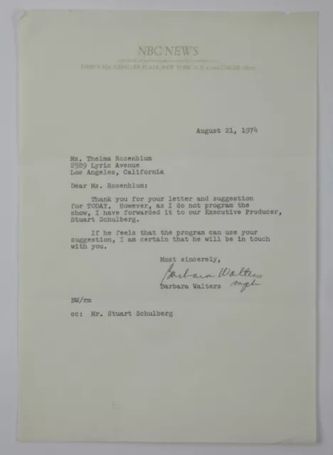 Barbara Walters Typed Letter SECRETARIAL Signed Autographed NBC News Letterhead