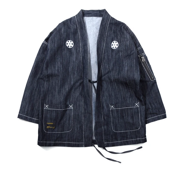 Men Embroidery Denim Japanese Kimono Jacket Loose Coat Cardigan Outerwear Haori@