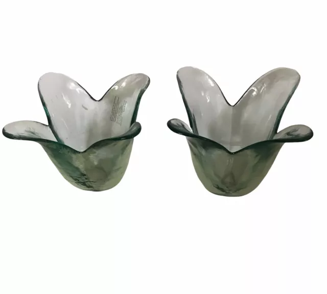 Hand Blown Green Glass Vase Bowl Lotus 5 oz 4 1/2 " Made In Spain VTG Set Of 2