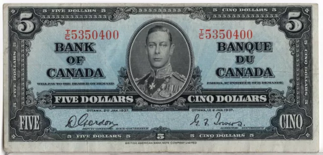 Bank of Canada 1937 $5 Five Dollars Gordon-Towers T/C Prefix Good VF++ Tear 12h