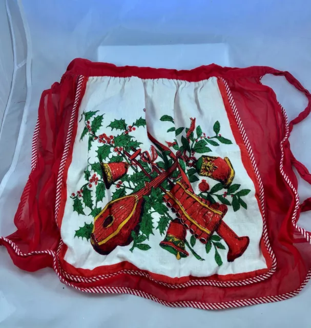 Vintage Retro Kitschy Christmas Apron Red with Musical Instruments Pattern