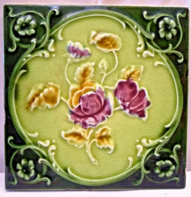 Tile Vintage Porcelain Rose Purple England Art Nouveau Majolica Collectibles#109