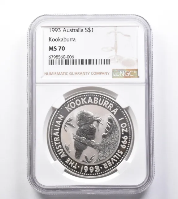 MS70 1993 Australia One Dollar Kookaburra 1 Oz Silver NGC *8496