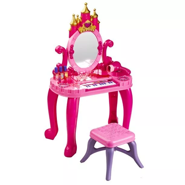 Kids Vanity Pretend Play Toy Set Musical Castle Piano Lights Stool Acces  7291