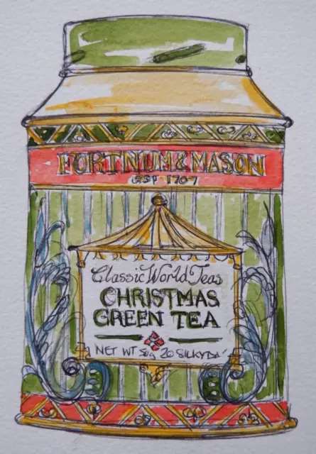 Original Tinte & Aquarellgemälde Fortnum & Mason Weihnachten Grüntee Caddy