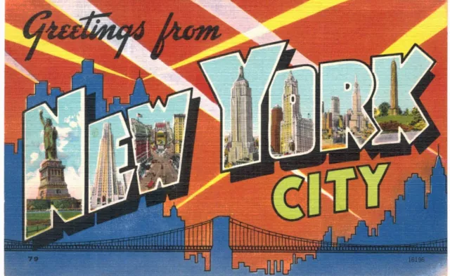 NYC Large Letter Greetings Searchlights Linen 1943 New York City