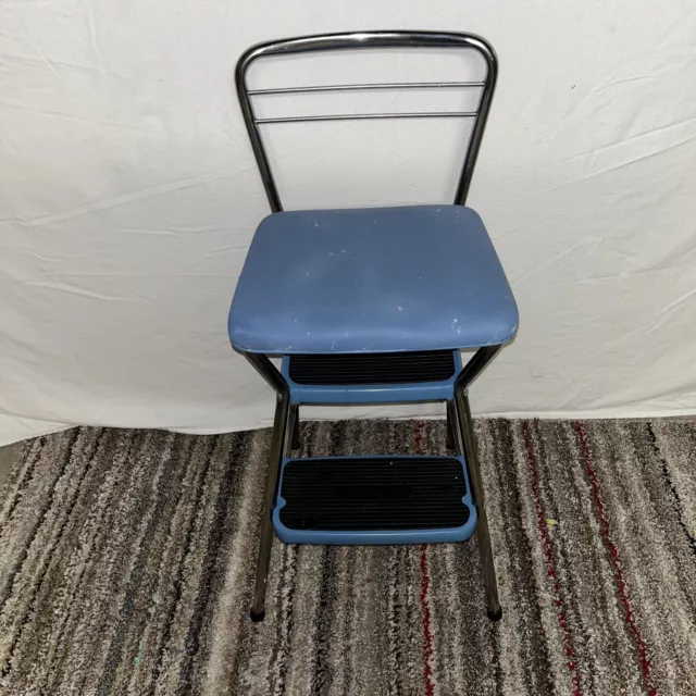 MCM Vintage Cosco Kitchen Step Stool Chair Flip Up Seat Retro Blue 2