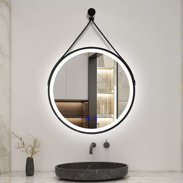 Bathroom LED Mirror with 3 LED Colors Black Framed and Leather Strap Anti-fog