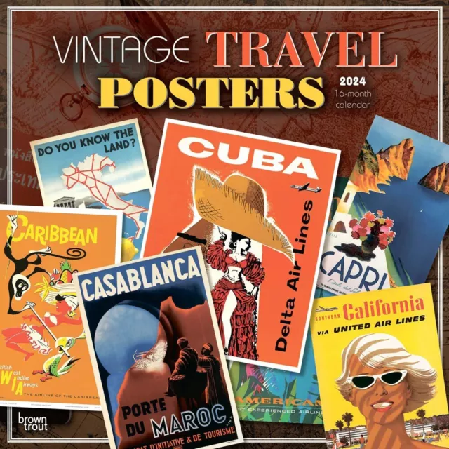 VINTAGE TRAVEL POSTERS 2024 12x24" Monthly Square Wall Calendar 16.