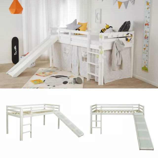 Lit Enfant Mezzanine Jeux Superposé Blanc en Bois 90x200 cm Toboggan Homestyle4u