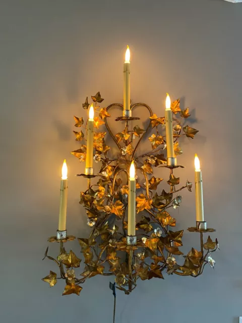 Vintage Gold Gilt 6 Light Italian Floral Electric Wall Sconce