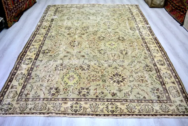 Green Turkish vintage Carpet, 6.3x8.5ft, Large Beıge Handmade Rug, Floral Rug,