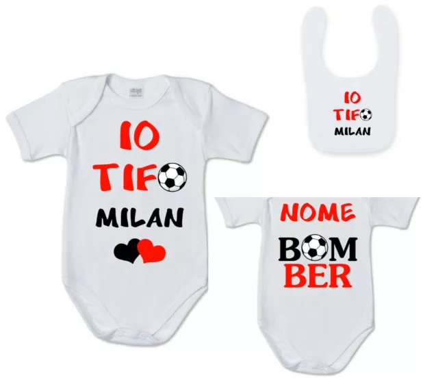 Set 2 pezzi body e bavaglino neonato stampa IO TIFO MILAN personalizzato nome