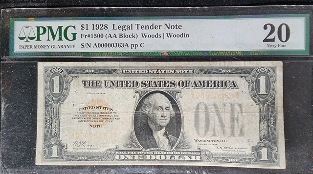 FR #1500 1928 RED SEAL LEGAL TENDER $1 PMG 20 VF RARE BILL. Serial 363. BB20