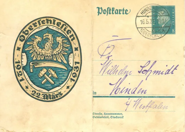 Deutsches Reich Bildpostkarte „Oberschlesien“ vom „16.05.1931 von Hindenburg nac