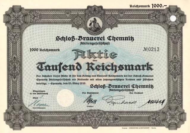 Schloß Brauerei Chemnitz AG - 1939 - Aktie 1.000 Reichsmark - Chemnitz 03/1939 -