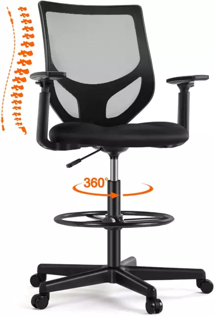 Drafting Mid-Back Mesh Tall Office Stool Chairs with Armrest Adjustable Foot Rin