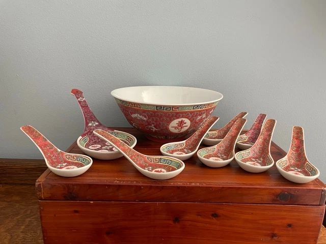Chinese Soup Rice Bowl Spoon Famille Rose Longevity Jingdezhen Mun Show Set 10