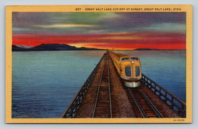 VINTAGE c1940s Postcard: West Of Ogden Utah UT - To Sea By Rail, Great Salt Lake