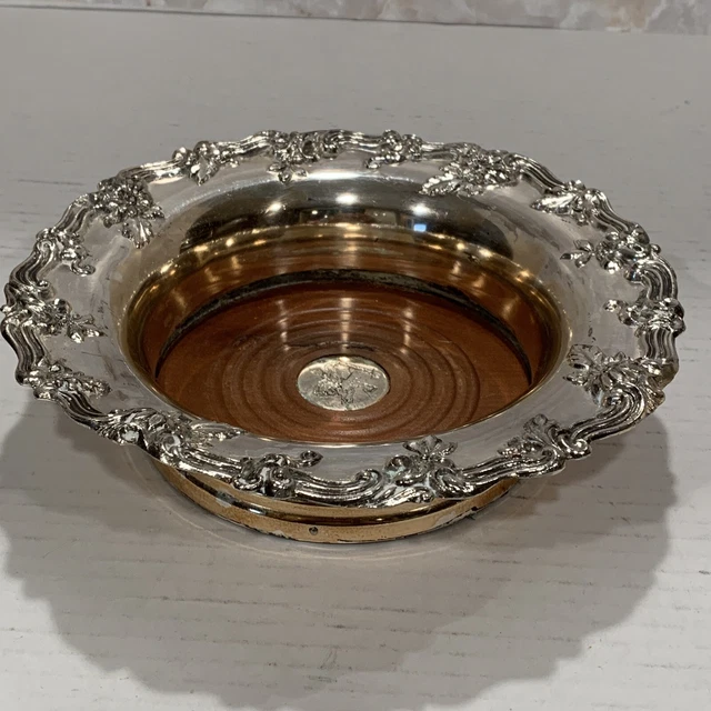 Vintage Silver Plated Champagne Wine Bottle Coaster With Turned Wooden Base