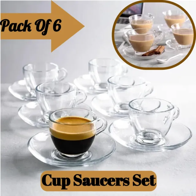 Clear Glass Cup Saucer Set of 6 for Home Kitchen Coffee Cappuccino Tea Set