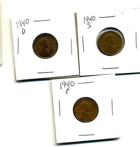 1940 P,D,S Wheat Pennies Lincoln Cents Circulated 2X2 Flips 3 Coin Pds Set#701