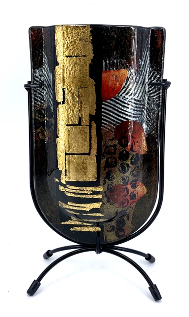 Jasmine Art Glass Vase Multi-Color Gold with Stand 9" Abstract