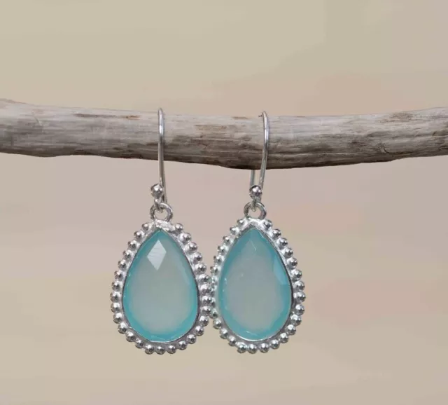 Auqa Chalcedony Gemstone Earring Handmade Jewelry 925 Sterling Silver Earring 2