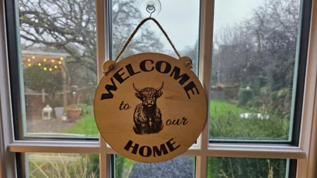 Welcome to our home with highland cow hanging wall plaque / sign