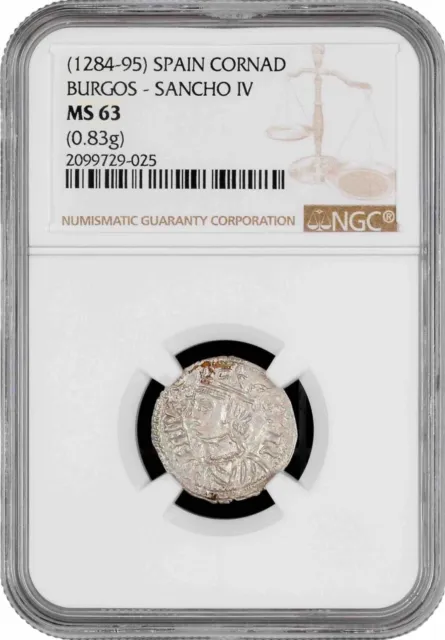 Spain, Castile and Leon 1 dinero 1286-1288, NGC MS63, "Sancho IV (1284 - 1295)"